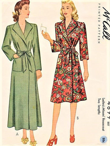 40s CLASSIC WW II Era Side Wrap Housecoat Robe Brunch Coat McCALL 4899 Lovely Wide Lapels,Easy To Make Bust 30 Vintage Sewing Pattern