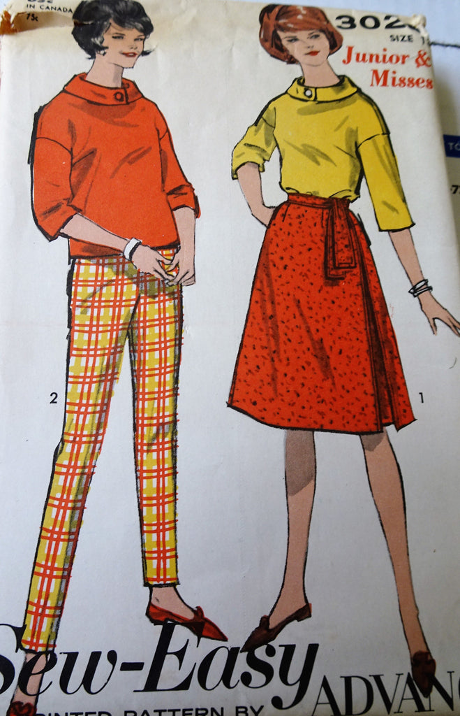 1960s FAB Tapered Slim Pants, Skirt and Blouse Top Pattern ADVANCE 3029 Bust 33 Sew Easy Vintage Sewing Pattern UNCUT