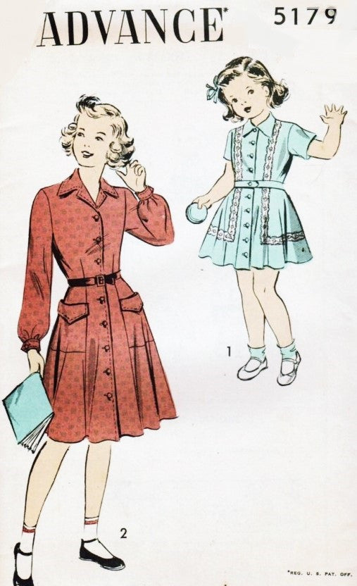 1940s CUTE Little Girls Dress Pattern ADVANCE 5179 Front Button Toddlers Dress Size 4 Childrens Vintage Sewing Pattern