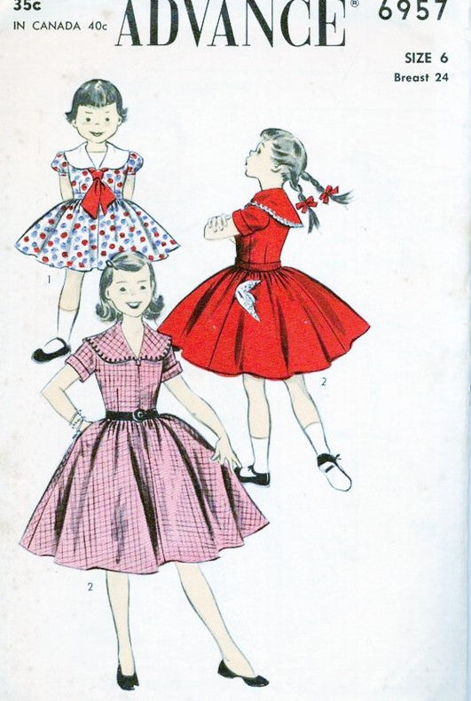 1950s CUTE Little Girls Dress Pattern ADVANCE 6957 Large Collar Regular or Puff Sleeves Full Skirt Size 6 Vintage Sewing Pattern