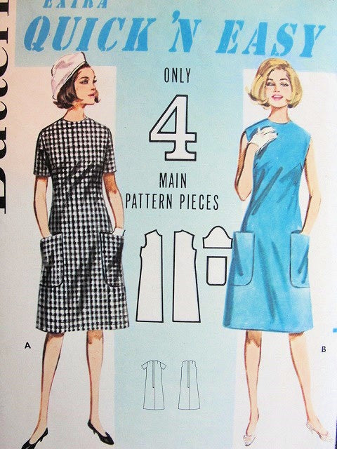 1960s CUTE Quick n Easy A-Line Dress Pattern BUTTERICK 3063 Shift Dress With Pockets Knee Length Dress Office Wear Bust 33 Only 4 Main Pcs Extra Easy Vintage Sewing Pattern