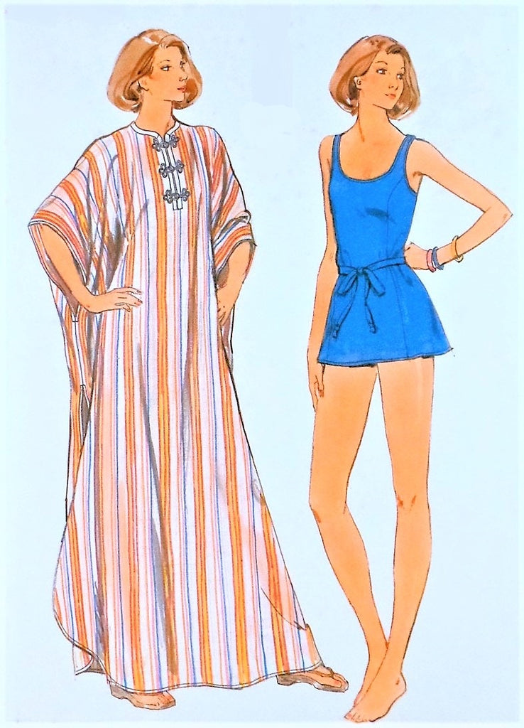VINTAGE 70s Skirted Swimsuit and Pullover Caftan Pattern BUTTERICK 4863 Evening Length MAXI Lounging Beach Robe Bust 45-47 Vintage Beachwear Sewing Pattern FACTORY FOLDED