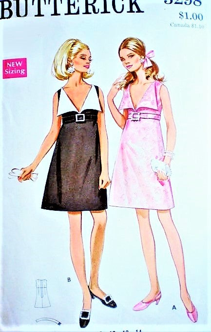 MOD 60s  Glam Cocktail Party Dress Pattern BUTTERICK 5298 Low V Neckline Wide Collar Empire Evening Dress Bust 34 Vintage Sewing Pattern