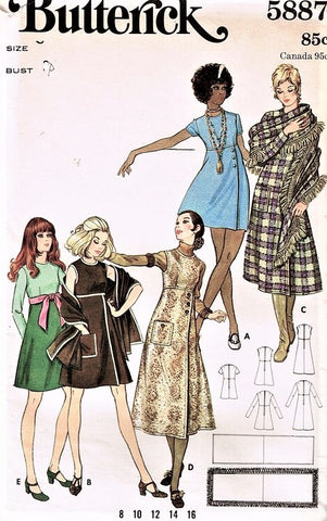 1960s Butterick 5887 Empire Waist A-line Dress Jumper Wrap Bust 32 Vintage Sewing Pattern FACTORY FOLDED