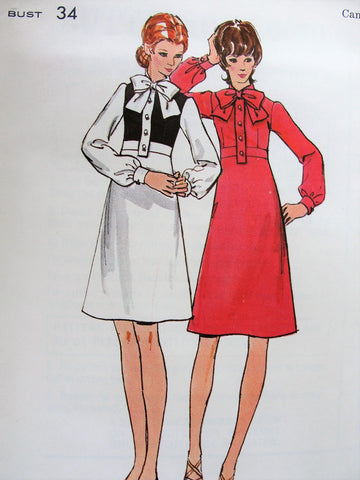 60s High Waisted A Line Dress Pattern BUTTERICK 6070 Cute Bow Tied Neckline, Two Lengths Mini or Knee Length Bust 34 Vintage Sewing Pattern FACTORY FOLDED