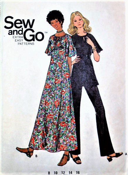Retro 70s Maxi Dress,Tunic and Pants Pattern BUTTERICK 6305 Flutter Sleeves, Keyhole  Bust 34 Extra EASY Vintage Sewing Pattern UNCUT