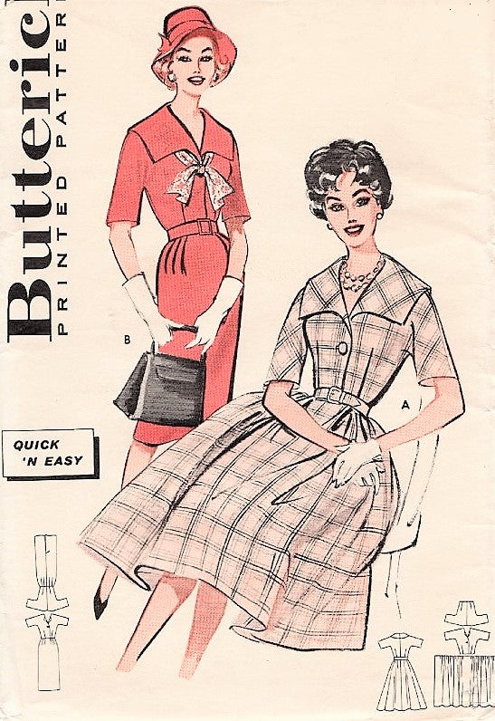 50s ROCKABILLY Slim or Full Skirted Dress Pattern Butterick 9131 Wide Collar Shirtwaist Dress Slim or Full Skirt Bust 32 Vintage Sewing Pattern