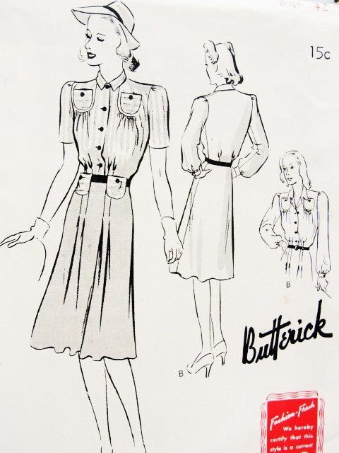 CUTE 40s Frock Dress Pattern BUTTERICK 9361 Stylish Details Bust 42 Vintage Forties Sewing Pattern FF