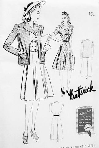 1940s FAB Dress Frock and Jacket Pattern BUTTERICK 9365 Lovely Double Breasted WW II Dress and Loose Jacket Bust 44 Vintage Forties Sewing Pattern FACTORY FOLDED