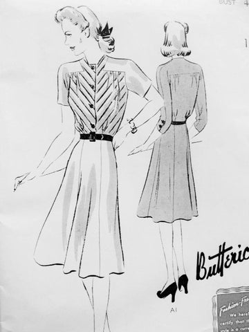 1940s FLATTERING Frock Dress Pattern BUTTERICK 9375 Lovely Bodice and Flippy 6 Gored Skirt Bust 44 Vintage Forties Sewing Pattern Factory Folded