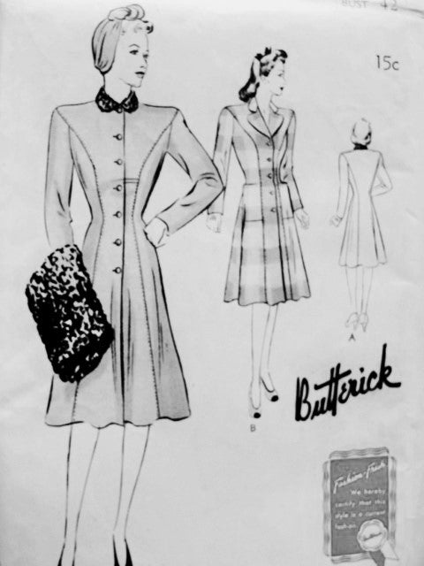 1940s Princess Coat Pattern BUTTERICK 9398 Figure Flattering Design Bust 42 Vintage Forties Sewing Pattern UNCUT