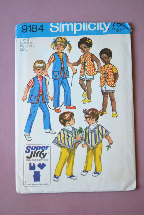 1970s Childrens Sewing Pattern Simplicity Jiffy 9184 Boys girls Vest, Poncho and Pants Size 5 Chest 24