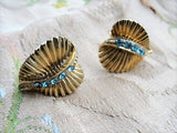 BEAUTIFUL Vintage 50s Gold Tone and Blue Rhinestones Earrings Costume Jewelry