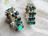 VINTAGE 50s Early 60s Emerald Green Rhinestone Earrings Interesting Design Clip On Earrings Daytime or Evening Vintage Costume Jewelry