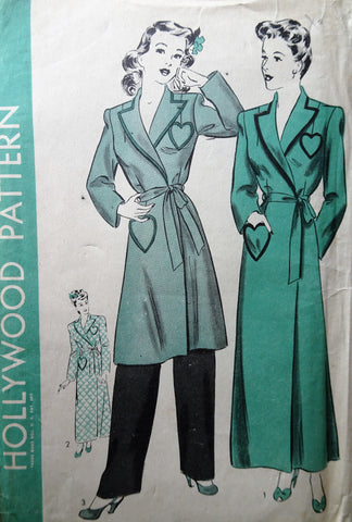 40s CLASSY Tailored Robe Brunch Coat Pattern HOLLYWOOD 1416 Heart Shape Pockets,2 Lengths Bathrobe,Bust 32 Vintage Sewing Pattern