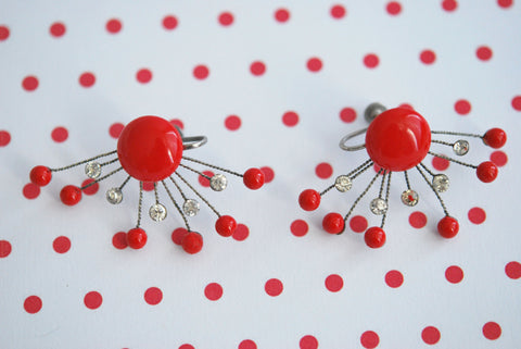 Vintage 1950s SPUTNIK Inspired Design Earrings Red Stones White Rhinestones Vintage Costume Earrings Jewelry