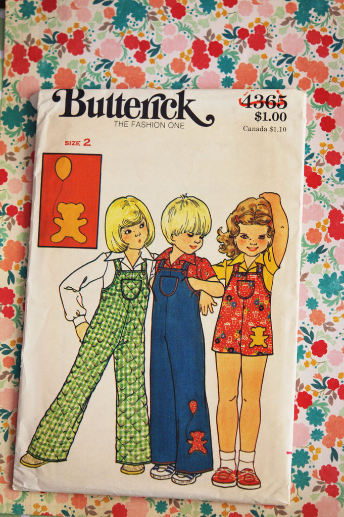 Early 1970s Uncut Butterick Sewing Pattern Childrens Overalls, Shirt, Applique Retro