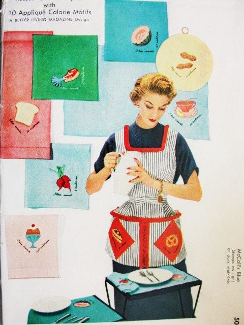50s Apron Pattern McCALLS 1801 Kitchen Apron,Pot Holders Calorie Motifs Embroidery Transfer Vintage Sewing Pattern UNCUT Farmhouse Aprons