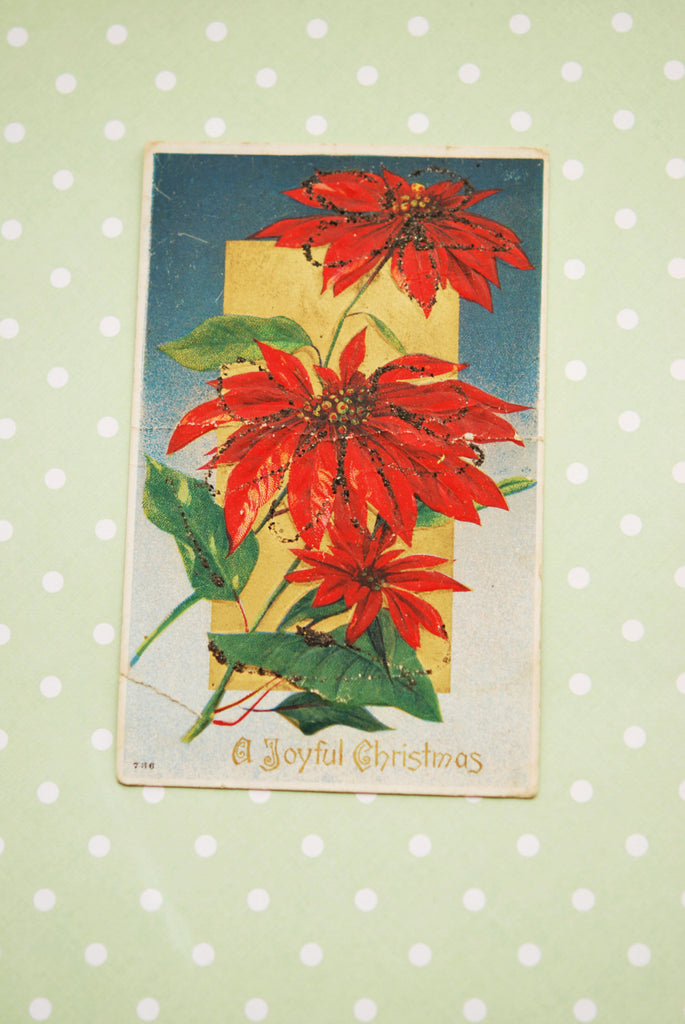 Group of Four Antique Christmas Postcards for Art Projects 1910s Vintage X-mas Holiday Paper Ephemera Cards Festive Poinsettia