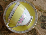 1930s VINTAGE Art Deco Teacup and Saucer Sweet Hand Painted  Pink Flowers Sunny Yellow Royal Mayfair English Bone China Tea Cup and Saucer