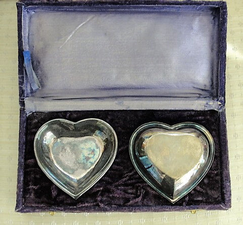 1940s LOVELY Pair of Silver HEART Dishes in Original Purple Velvet Presentation Box Perfect VALENTINE Present