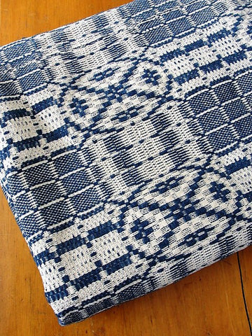 ANTIQUE Woven Coverlet Blue Cream Outstanding Condition French Country Decor,Log Cabin, Farm House Americana Decor Hand Made Antique Textile Decorative