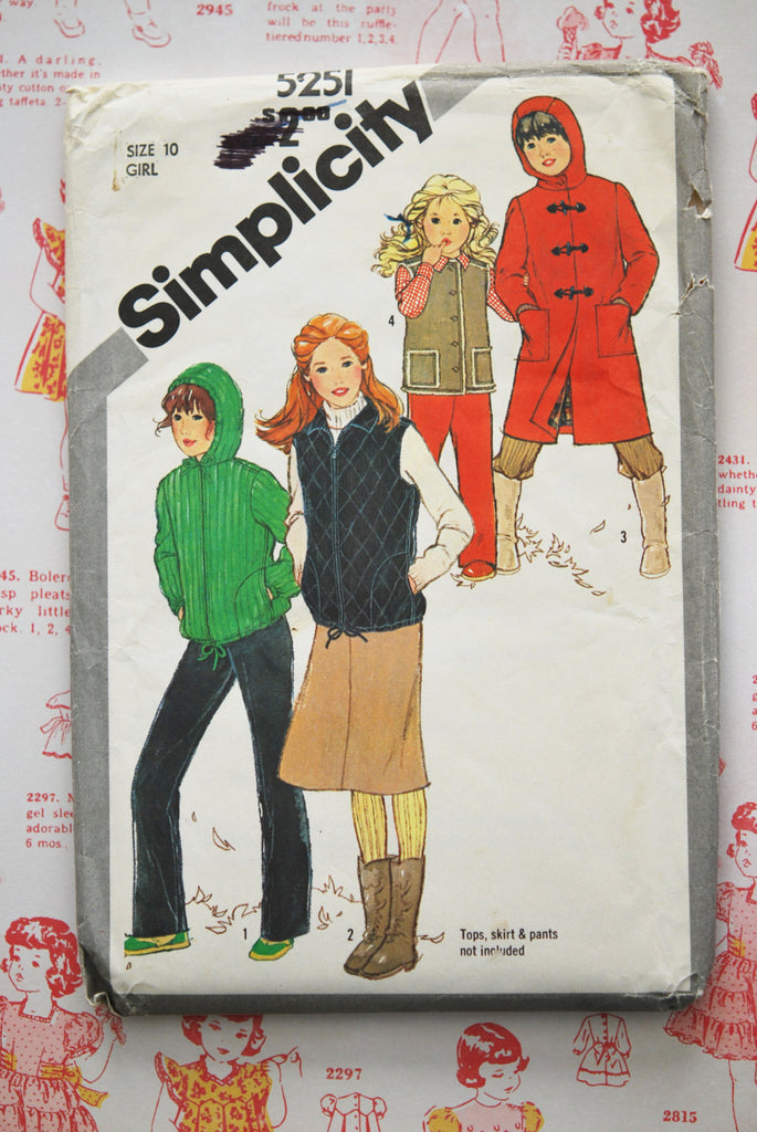80s Retro Girl's Hooded Coat and Vest Simplicity Sewing Pattern 5251 Uncut 1980s Quilted Vintage Children