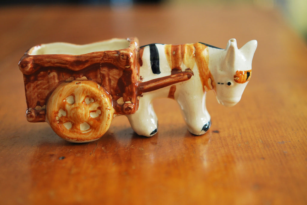 Adorable 1950s Vintage Donkey Cart Planter Figural Pottery Retro Ceramics made in Japan