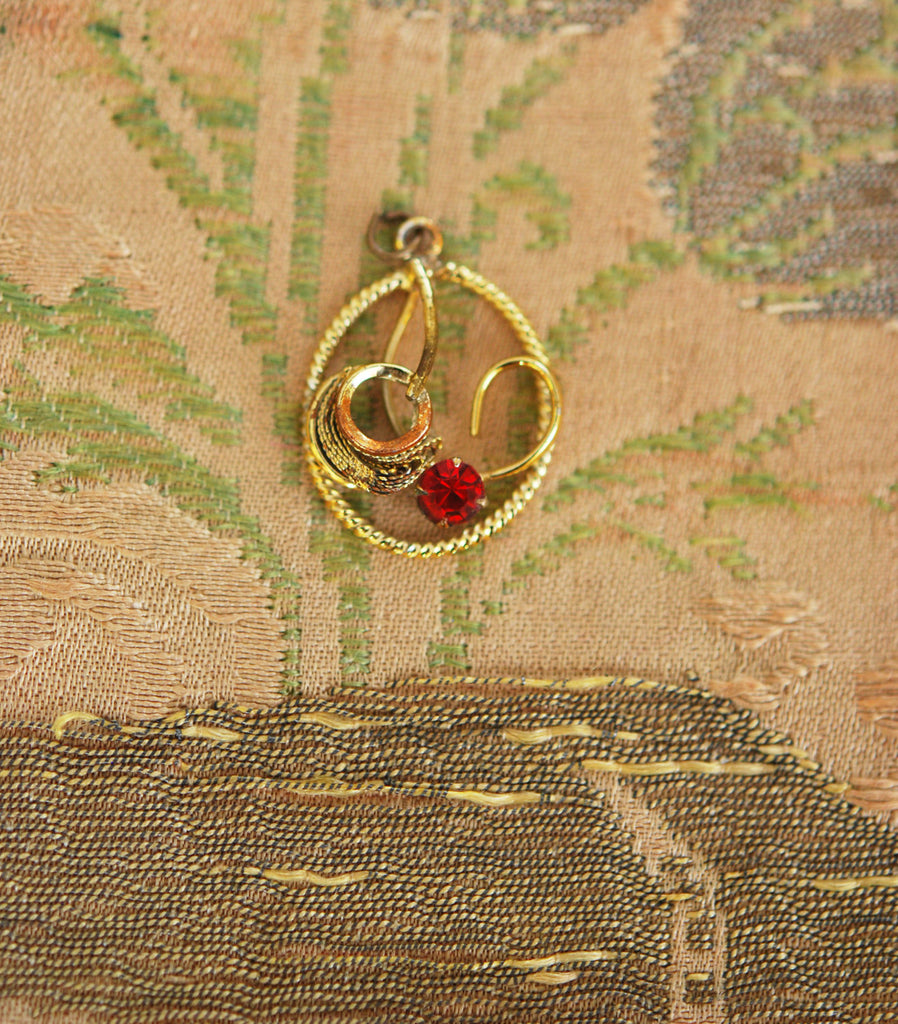 CUTE 1950s Gold Tone Pendant or Charm Unique Design Red Stone Vintage Jewelry