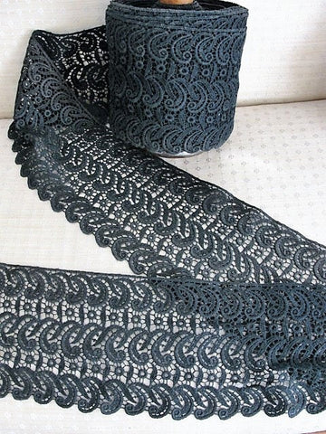 ANTIQUE  French Black Lace Trim Yardage Never Used Victorian Intricate Pattern 6.5 Inches Wide For Civil War Clothing,Dolls, Heirloom Sewing