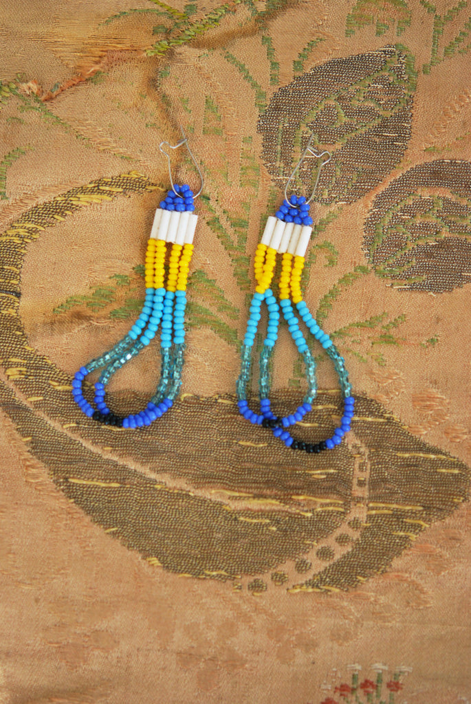 Vintage Indigenous 70s Native American Aboriginal Beaded Earrings Beautiful Colors Blue Aqua Yellow White Beads
