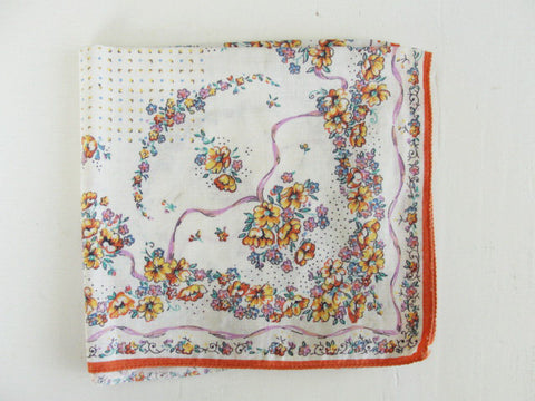 Colourful Vintage Floral Handkerchief 1940s Hankie Orange and Purple Flowers Hanky