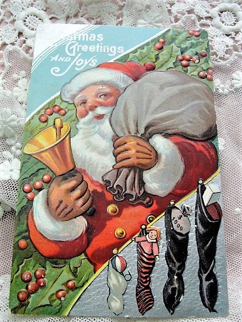 Antique Christmas Greeting Postcard,JOLLY Old St Nick,SANTA Claus,Embossed Toys,Decorative Holiday Decor,Collectible Vintage Christmas Cards