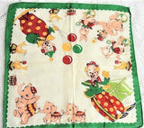 ADORABLE Vintage Hanky Childrens Handkerchief Circus Theme Elephants Kittens Seals Bear Rabbits Clown Printed Colorful Hankie Great To Frame