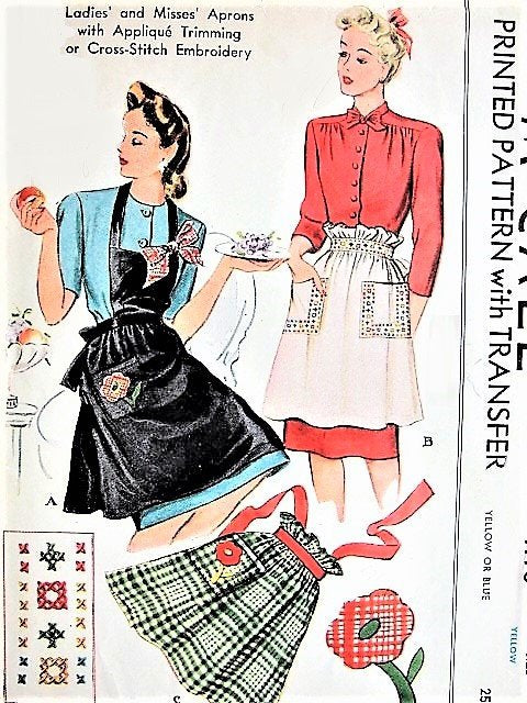 40s CHARMING Apron with Transfer McCall 1118 Perfect Farmhouse Aprons French Country Decor, Vintage Sewing Pattern