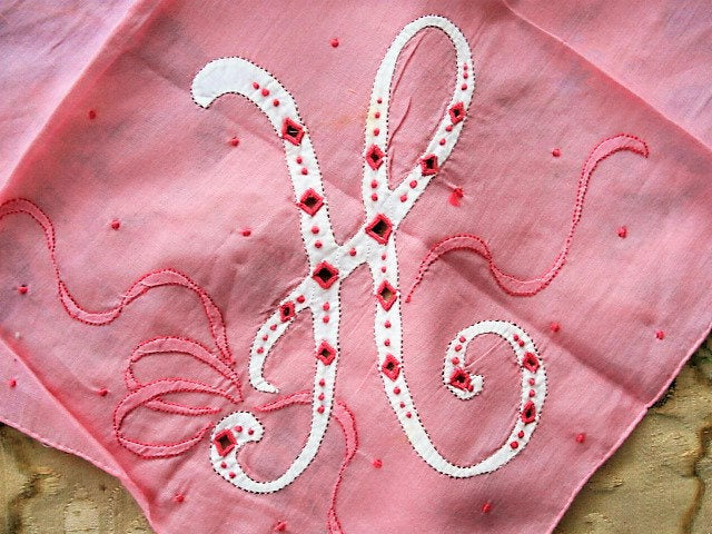 LOVELY Vintage Madeira Monogram H  Pink HANDKERCHIEF Applique and Embroidery Work Hankie Vintage Large Hanky