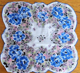 50s VINTAGE Printed Blue Flowers Hanky Colorful Floral Handkerchief To Frame Collectible Hankies Shabby Chic Hankies To Collect