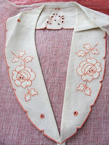 1920s Antique Art DECO Salesman Sample Linen SWISS Embroidered Collar ROSES Applique Flapper Dress Downton Abbey Gatsby Vintage Clothing