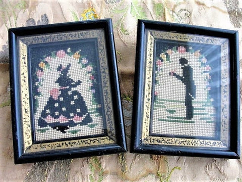 CHARMING Antique Needlework Southern Lady and Gentleman, Petite Point,Lovely Colors, Farmhouse Decor,Chateau Chic Decor, Vintage Silhouettes