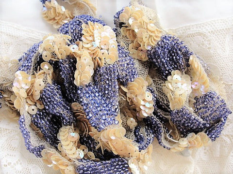DECADENT Art Deco Flapper Era Iridescent Beaded Trim Lavender Beads Beige Sequins on Netted Lace Vintage Embellishment Lace Beaded Textile