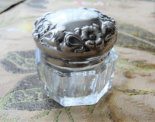 GORGEOUS Repousse Art Nouveau Flowers Antique Silver and Glass Vanity Jar Dresser Cosmetic Container Decorative Boudoir Collectible
