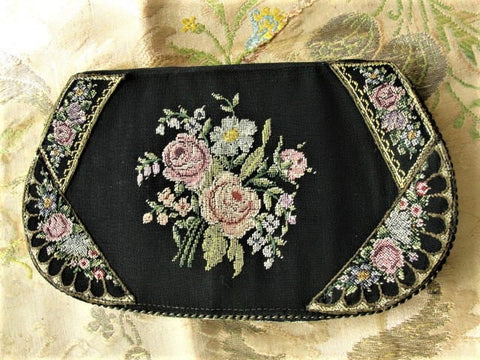 LOVELY Antique Petit Point Needlework Tapestry Purse Colorful Roses Handbag Evening Clutch Pastel Colors with Black Bag Collectible Purses