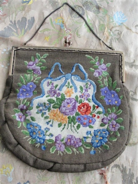Beaded Purse Antique Beaded Bag Hand Done Floral Motifs Blue