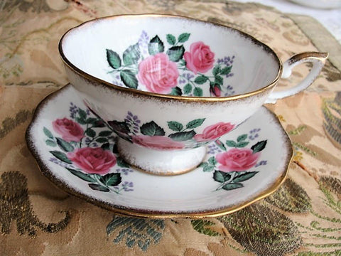 VINTAGE Royal Standard English Bone China Sumptuous Wide Teacup and Saucer Lush PINK Roses Pattern Lavish Gold Trim Pedestal Cup and Saucer