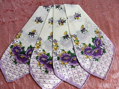 50s VINTAGE Printed Purple Flowers Hanky, Colorful Floral Handkerchief,Collectible Hankies, Shabby Chic, Hankies To Collect