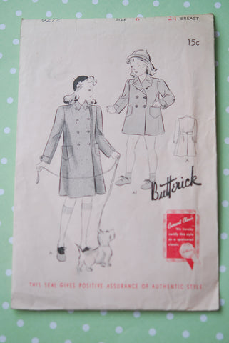 1940s Children's Coat Pattern Vintage Butterick 9272 Sewing Pattern