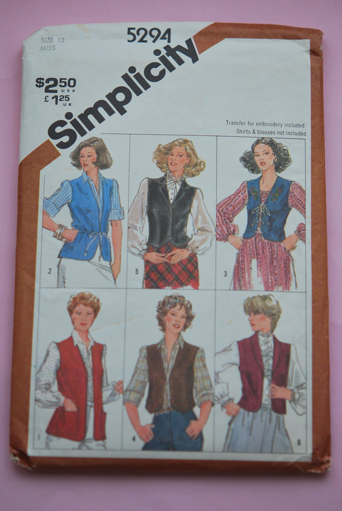 Retro 1980s Vest Pattern Simplicity 5294 Sewing Pattern