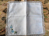 LOVELY Vintage Hankie Handkerchief Dainty TATTING Lace Hand Embroidered hanky Blue Roses Tatted Lace Trim Something Blue Bridal Hankies