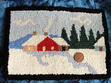 Antique GRENFELL Canada Hand Made PRIMITIVE Hooked Rug Miniature Mat Colorful Snow Cabin Scene, Charming Farmhouse Decor,Vintage Hooked Mats