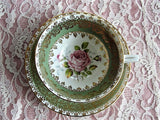 VINTAGE Royal Stafford English Bone China Sumptuous Wide Teacup and Saucer Lush PINK Roses Pattern Lavish Gold Trim Pedestal Cup and Saucer